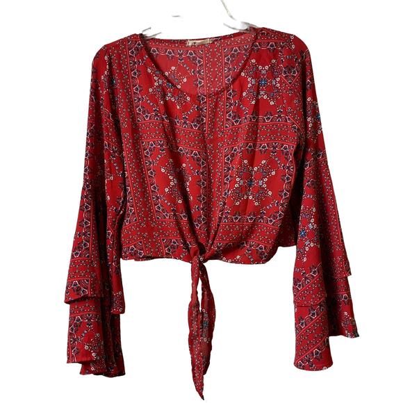 Altr'd State Red Bandana Print Cropped Bell Sleeve Top Fourth of July Sz S (2534 - Picture 2 of 7